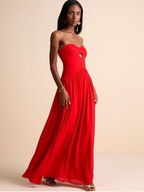 NWT Lulus Rozala Bright Red Pleated Strapless Maxi Dress